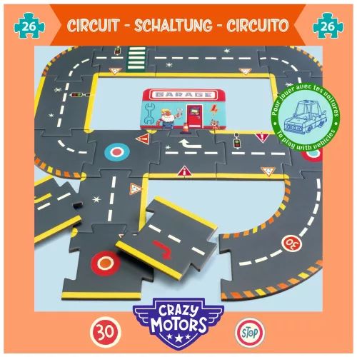 CRAZY MOTORS autópálya - Városi kőrút - City circuit - Giant puzzle - 26 pcs