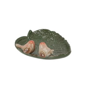   Levél alakú kerámia madáritató és madáretető, kismadár dekorációval