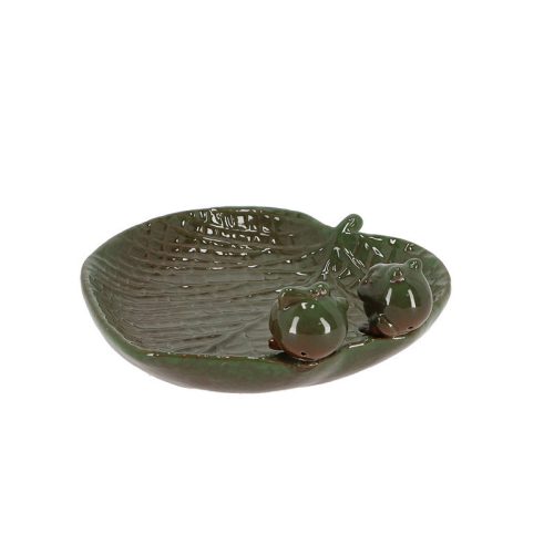 Levél alakú kerámia madáritató és madáretető, béka dekorációval