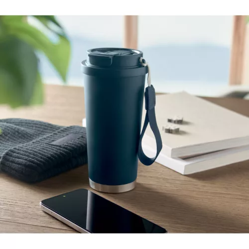 Duplafalú szívószálas újrahasznosított acél thermo pohár 500 ml