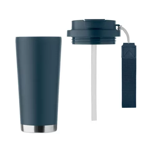 Duplafalú szívószálas újrahasznosított acél thermo pohár 500 ml