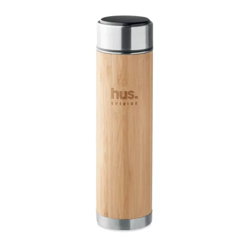 Duplafalú rozsdamentes acél termosz bambusz külsővel, hőmérővel 480 ml