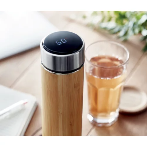 Duplafalú rozsdamentes acél termosz bambusz külsővel, hőmérővel 480 ml