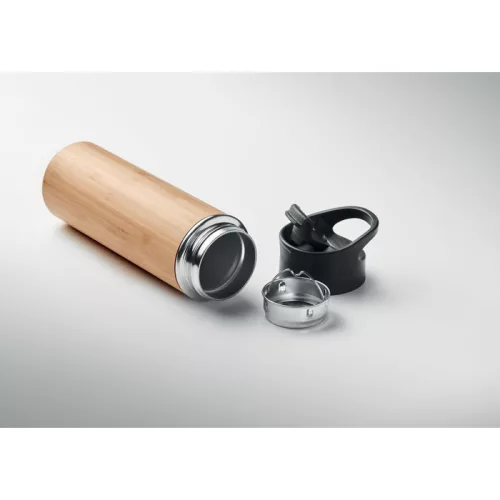 Duplafalú rozsdamentes acél termosz bambusz külsővel 450 ml