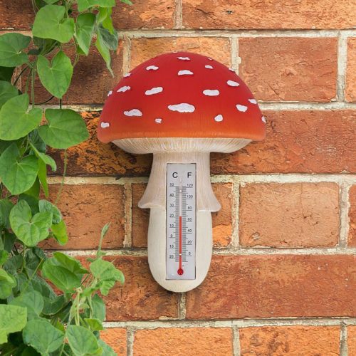 Felakasztható polyresin hőmérő, légyölő galócás, 17 cm